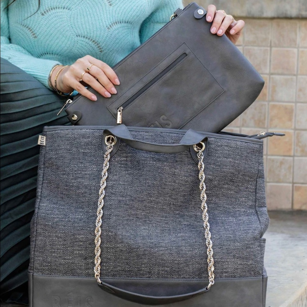 Beis The Everyday Tote in Tweed and Charcoal (with purse)